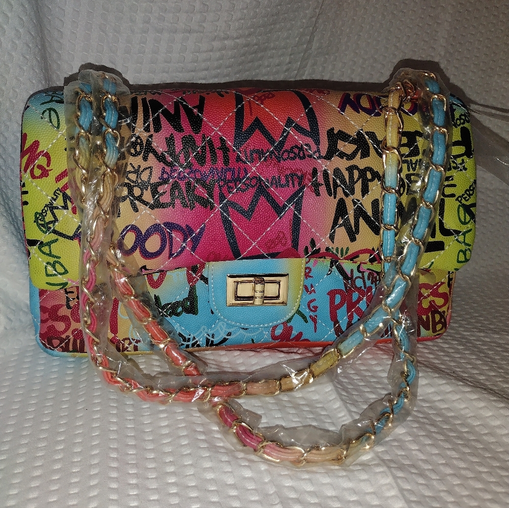 Caleesa Multicolor Graffiti Quilted Crossbody Bag with Chain Strap
